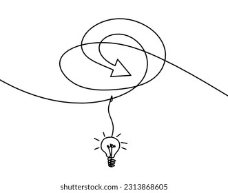 Abstrakte, kontinuierliche Linien, Pfeile und Glühbirnen auf weißem Hintergrund
