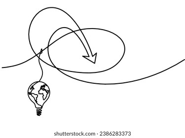 Abstract continuous lines arrows with light bulb drawing on white as background. Vector