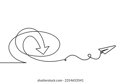 Abstract continuous lines arrows and paper plane as drawing on white background