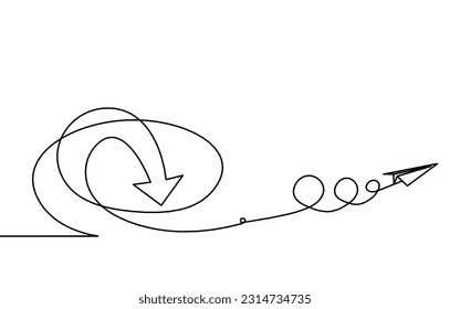 Abstract continuous lines arrows and paper plane as drawing on white background