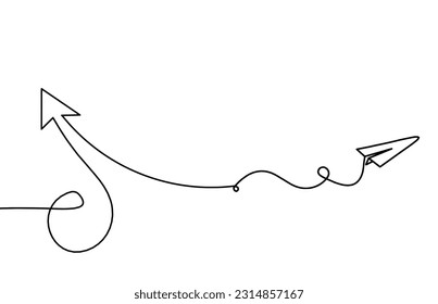 Abstract continuous lines arrows and paper plane as drawing on white background