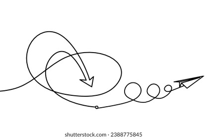 Abstract continuous lines arrows with paper plane drawing on white as background. Vector