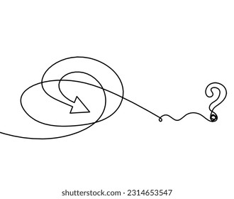 Abstract continuous lines arrows and question mark as drawing on white background