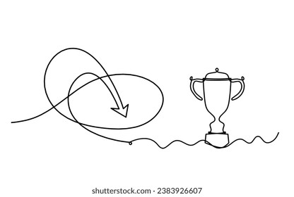 Abstract continuous lines arrows with trophy drawing on white as background. Vector