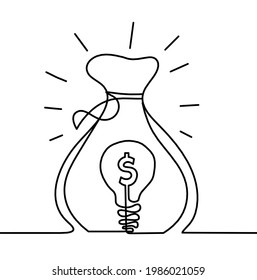 Abstract continuous lines drawing as bag of dollars and lamp on white background. Vector