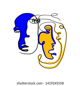 Abstract Continuous One line art, human face, contemporary modern vector illustration 