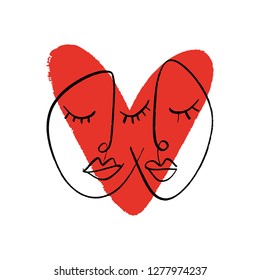 Abstract continuous one line drawing faces. Couple in love. Vector illustration