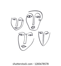 Abstract continuous one line drawing ink faces. Modern style portraits. EPS illustration