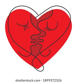 Abstract continuous one line drawing faces. Couple in love. Love kiss. Vector illustration