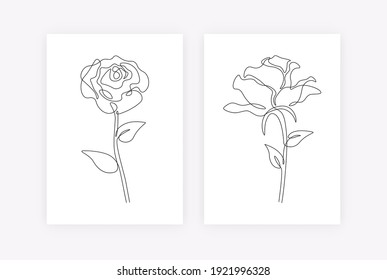 Resumen de carteles continuos de una línea de flores. Decoración de pared con líneas botánicas de rosas de estilo minimalista. Arte vectorial