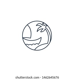 Abstract continuous one line icon of sailboat with palm. Vector logo ship on white background.  