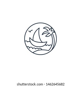 Abstract continuous one line icon of sailboat with palm. Vector logo ship on white background. 