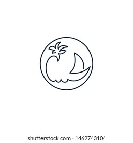 Abstract continuous one line icon of sailboat with palm. Vector logo ship on white background. Simple emblem for design of holiday, travel agency, yachting club, voyage, round trip, cruise concept.