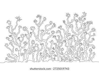 Abstrakte durchgehende einzeilige Illustration mit chaotischen Verzweigungsformen, die verdrehten Bäumen oder korallenartigen Formen ähneln und surreale organische Kunst auf sauberem, weißem Hintergrund vermitteln. Bearbeitbarer Vektorstrich