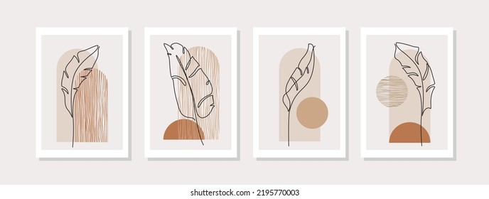 Abstract continuous tropical leaves, geometric shapes poster set in 1950 mid century style. Vector illustration: tropical leaf line art, lines, arch for minimal print, poster, boho wall decor design