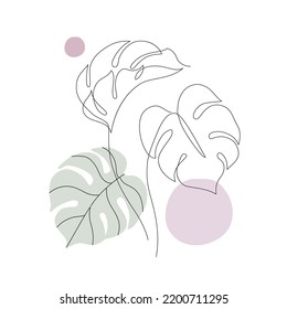 Abstract continuous tropical leaves, geometric shapes poster set in 1950 mid century style. Vector illustration: tropical palm leaf, lines, arch for minimal print, poster, boho wall decor, flat design