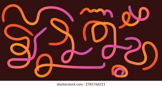 Abstract continuous warm colored wavy lines squiggles and loops pattern collection set on dark brown background