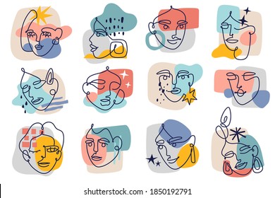 Abstract contour female faces. Modern one line women portraits sketches collection, contemporary collage background colorful spots, simple design trendy doodle minimalist faces. Vector isolated set