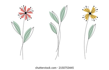 Flores de contorno abstractas aisladas en blanco. Ilustración mínima botánica vectorial. Conjunto floral, decoración, adorno, elemento de diseño para impresión, patrón o tarjeta.