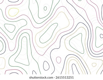 An abstract contour line pattern with multicolored curving lines resembling a topographic map on a light background, creating a flowing and dynamic design.