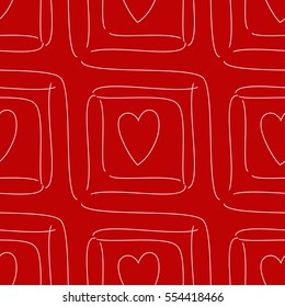 Abstract contour seamless pattern of curved white lines and hearts on a red background. Vector eps 10.
