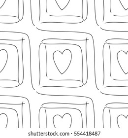 Abstract contour seamless pattern of curved black lines and hearts on a white background. Vector eps 10.