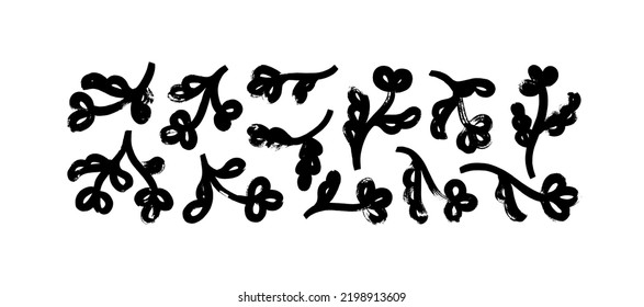 Resumen de contorno flores simples con líneas dibujadas en negrita y formas geométricas orgánicas. Elementos vectoriales florales dibujados a mano aislados sobre fondo blanco. Abellotas o camomilos sencillos e ingenuos.