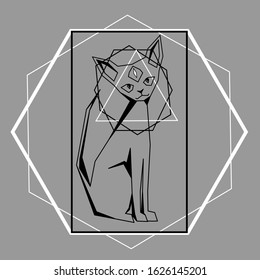 abstract contour sphynx cat with third eye in polygonal frame