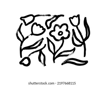 Abstract contour tulips with bold brush drawn lines. Naive simple stylized style. Hand drawn black vector ink illustration isolated on white background. Funky black geometric flowers with long stems. 