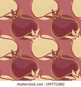 Abstract contoured seamless pattern with pomegranate elements. Beige and maroon pale tones. Decorative backdrop for fabric design, textile print, wrapping, cover. Vector illustration.