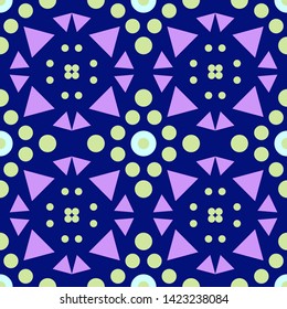 Abstract contrast seamless pattern. Geometric figures. Green and purple elements; blue background.