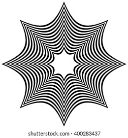 Abstract contrasty distorted shape with alternating black and white radiating lines.