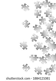 Abstract conundrum jigsaw puzzle metallic silver parts vector illustration. Group of puzzle pieces isolated on white. Problem solving abstract concept. Game and play symbols.