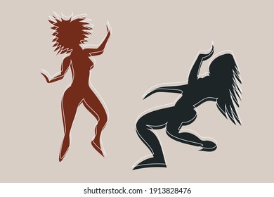 Abstract cool and energetic illustration of afro dance. Two fictional female characters dance together in different poses. Angular and amorphous figures in muted coffee colors of brown and gray.