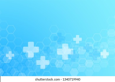 Abstract cool healthy and medical background. Technology and science wallpaper template with hexagonal shape. Soft blue color medical banner template with space for text. Business vector illustration.