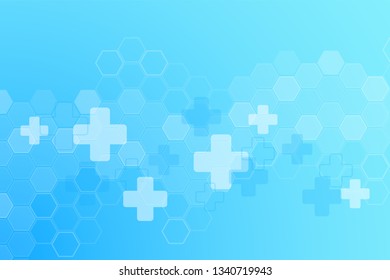 Abstract cool healthy and medical background. Technology and science wallpaper template with hexagonal shape. Soft blue color medical banner template with space for text. Business vector illustration.