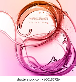 Abstract cool light pink background. Elegant vector frame with contrast glowing line and petals.
