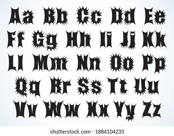 Abstract cool old rough angry hard bold fear flash burst dark black ink prick script word logo set. Latin creative music band dragon bat title hand drawn retro artist trendy graffiti print decor types