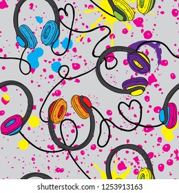 Abstract cool patten with hand-drawn  headphones, pattern for girls. Fashion illustration for textile, prints, paper products, the Web. 