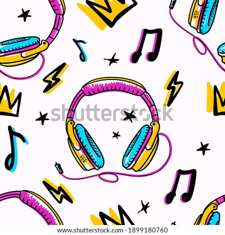 Abstract cool patten with hand-drawn  headphones, pattern for girls. Fashion illustration for textile, prints, paper products, the Web. 