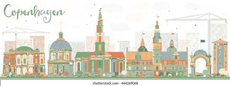 Abstract Copenhagen Skyline with Color Landmarks. Vector Illustration. Business Travel and Tourism Concept with Historic Buildings. Image for Presentation Banner Placard and Web Site.