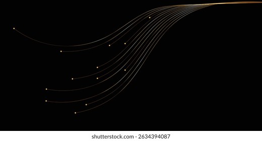 Linhas de cobre abstratas com pontos luminosos sobre um fundo preto. Uma imagem abstrata dinâmica apresenta uma série de linhas em tons de cobre fluindo em um padrão suave e ondulado contra um fundo preto profundo.