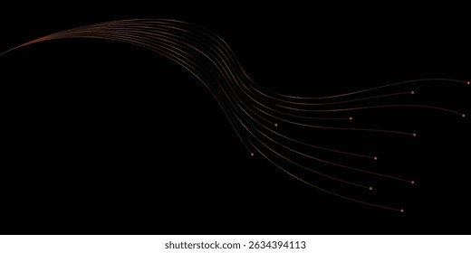 Linhas de cobre abstratas com pontos luminosos sobre um fundo preto. Uma imagem abstrata dinâmica apresenta uma série de linhas em tons de cobre fluindo em um padrão suave e ondulado contra um fundo preto profundo.