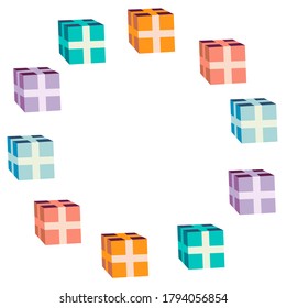 Abstract copy-space circle of gift boxes on transparent background. Colourful gift boxes in circle. EPS 10.