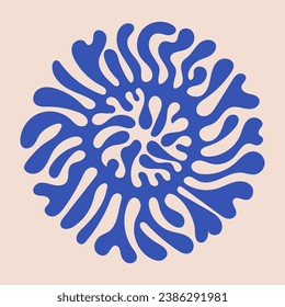 Abstract coral aesthetic modern art style. Botanic vector illustration in blue color. Matisse plants style in art. Vector design. Composition of wreath in a circle