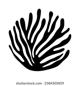 Abstract coral. Black underwater coral reef plant silhouette, ocean algae and seaweed icon round shape, aquarium contemporary element. Vector illustration