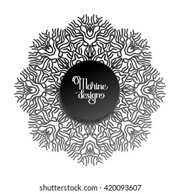 Abstract coral circle ornament in black and white colors. Ocean  line art style. Vector graphic design element