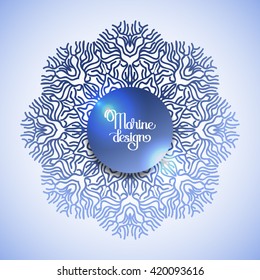 Abstract coral circle ornament in blue colors. Ocean  line art style. Vector graphic design element