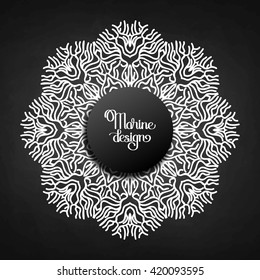 Abstract coral circle ornament isolated on chalkboard. Ocean  line art style. Vector graphic design element