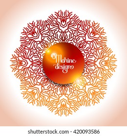 Abstract coral circle ornament in red colors. Ocean  line art style. Vector graphic design element
